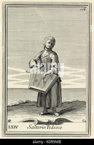 Musicien Dulcimer Salterio Tedesco (psaltérion allemand) de la "Gabinetto Armonico Bonanni" publié en 1723. Gravure par Arnold van Westerhout. Illustration 106 Banque D'Images