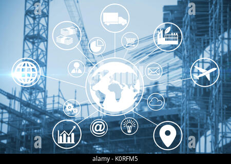 Image composite numérique du globe au milieu de diverses icônes contre les travaux en cours dans la ville Banque D'Images