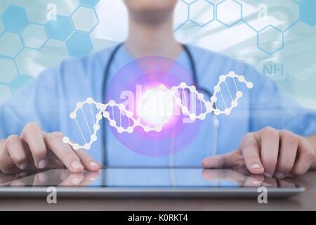 Digital composite de femme médecin à l'aide d'un comprimé avec de l'ADN et les fusées Banque D'Images