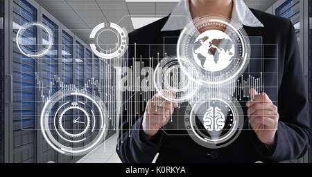 Digital composite of business woman holding a glass et graphiques in server room Banque D'Images