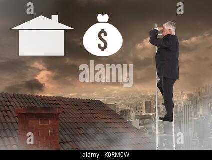 Digital composite de Businessman avec des jumelles à la recherche de l'argent à l'échelle de la propriété plus d'icônes sur le toit Banque D'Images
