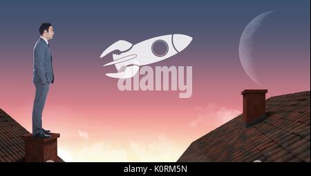 Digital composite de l'icône Rocket Man et sur les toits avec cheminée et ciel lune Banque D'Images