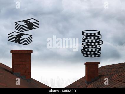 Digital composite d'argent icônes de ciel au dessus des toits Banque D'Images