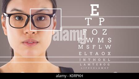 Digital composite of woman with eye focus fort détail plutôt que des lunettes et des lignes, et l'essai d'oeil Banque D'Images