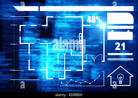 L'image graphique du plan de la chambre contre les textes flous bleu Banque D'Images