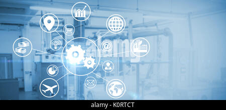 Image composite de la vitesse au milieu de diverses icônes contre des machines dans l'atelier lumineux vide Banque D'Images