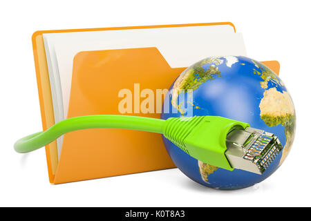 L'icône du dossier de l'ordinateur avec connexion internet par câble lan, 3D Rendering isolé sur fond blanc Banque D'Images