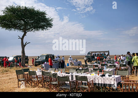 Le Masai Mara Safari Ballon petit-déjeuner dans le champ Ouvrir. Banque D'Images