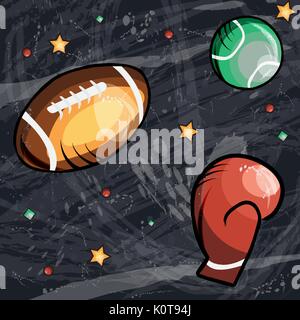 Sport concept art en cartoon style . Arrière-plan dessiné à la main, balle de tennis et football américain et gant de boxe pour la conception. Vector illustration Illustration de Vecteur