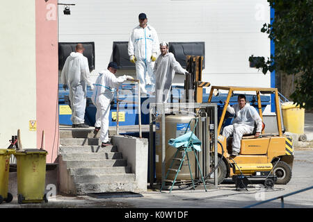 Les vétérinaires tchèques ont découvert la bactérie salmonella à une poule ferme à Pohorelice près de Brno, en Moravie du sud, en République tchèque, le 24 août 2017 et lancé l'abattage d'environ 65 000 poules. (Photo/CTK Vaclav Salek) Banque D'Images