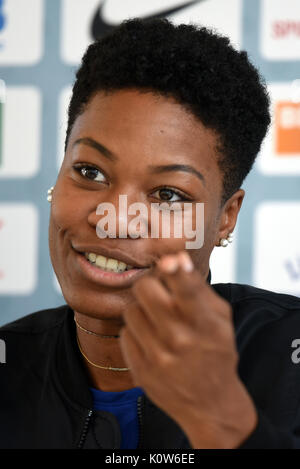 Berlin, Allemagne. Août 25, 2017. Phyllis Francis de l'ISTAF nous parle lors de la conférence de presse à Berlin, Allemagne, 25 août 2017. Photo : Maurizio Gambarini/dpa/Alamy Live News Banque D'Images