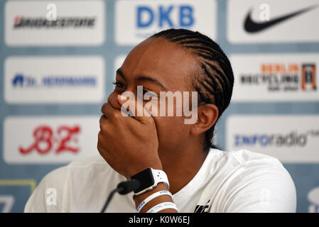 Berlin, Allemagne. Août 25, 2017. Aries Merritt de l'ISTAF nous parle lors de la conférence de presse à Berlin, Allemagne, 25 août 2017. Photo : Maurizio Gambarini/dpa/Alamy Live News Banque D'Images