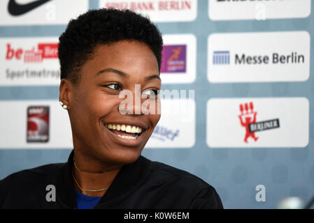 Berlin, Allemagne. Août 25, 2017. Phyllis Francis de l'ISTAF nous parle lors de la conférence de presse à Berlin, Allemagne, 25 août 2017. Photo : Maurizio Gambarini/dpa/Alamy Live News Banque D'Images