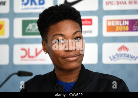 Berlin, Allemagne. Août 25, 2017. Phyllis Francis de l'ISTAF nous parle lors de la conférence de presse à Berlin, Allemagne, 25 août 2017. Photo : Maurizio Gambarini/dpa/Alamy Live News Banque D'Images