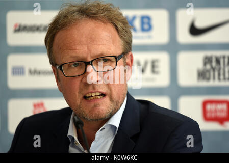 Berlin, Allemagne. Août 25, 2017. Martin Seeber, directeur de l'ISTAF de réunion, prend la parole à l'ISTAF conférence de presse à Berlin, Allemagne, 25 août 2017. Photo : Maurizio Gambarini/dpa/Alamy Live News Banque D'Images