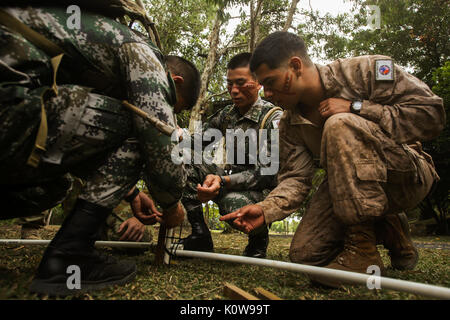 CAIRNS, Australie - U.S. Marine Cpl. Nicolas Villanueva, droite, opérateur de transport à moteur, lutter contre le détachement de logistique maritime, Darwin, la Force de rotation fonctionne avec des soldats de l'Armée de Libération du Peuple Chinois pour construire une hutte pendant les cours de culture d'Australie pour faire de l'exercice 2017 Kowari 23 août 2017. Après la cérémonie d ouverture, les soldats et les Marines ont également pris part à certaines activités traditionnelles telles que le lancer de boomerang et tribales face painting pour introduire les visiteurs en provenance des États-Unis et de la Chine à la culture aborigène. Kowari est une formation annuelle de l'activité qui a lieu dans un Banque D'Images