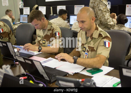 Les soldats de la Légion étrangère française de la 6e brigade blindée légère menèrent des opérations quotidiennes lors de l'exercice à grande échelle 17 au Marine corps Air Ground combat Center Twentynine Palms, en Californie, le 14 août 2017. L'exercice a été dirigé par la 2e Division des Marines et la Marine Air-Ground Task Force intégrée et les capacités de coalition du Royaume-Uni, de la France, du Canada et de la II Marine Expeditionary Force. Banque D'Images