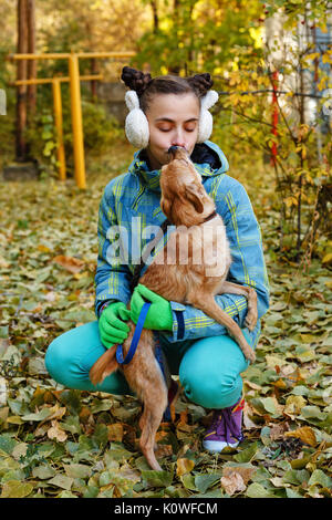 Girl embrasse petit chien bâtard. L'hôtesse et l'animal de compagnie pour une promenade dans le parc de l'automne. Prendre soin des animaux. Banque D'Images