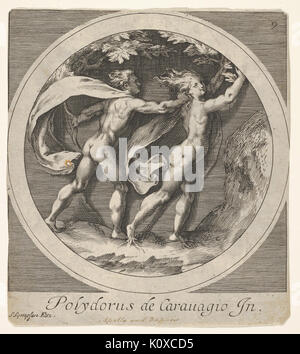 Apollo poursuivant Daphné, dont les orteils prennent la forme des racines des arbres, une composition ronde copie inverse, après une série de gravures par Cherubino Alberti de scènes mythologiques après Polidoro da Caravaggio RENCONTRÉ DP832087 Banque D'Images