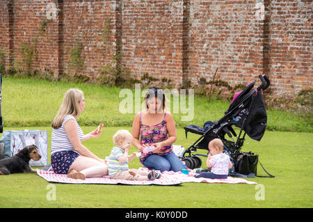 Deux mères avec des bébés ayant un pique-nique estival, England, UK Banque D'Images