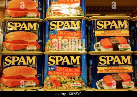 Boîtes de conserves de viande spam sur une étagère de magasin d'épicerie Banque D'Images