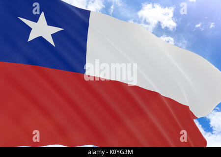 Le rendu 3D de brandir le drapeau du Chili sur fond de ciel bleu, le Chili est pays en Amérique du Sud, fête nationale au Chili a appelé l'EPÉ Fiestas Patrias et Banque D'Images