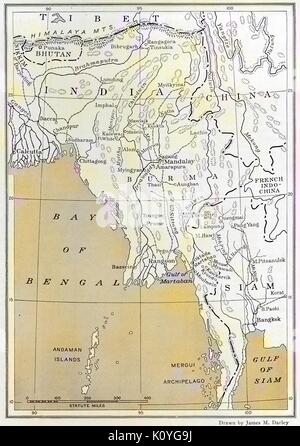 La carte de la Birmanie (Myanmar) maintenant, la baie du Bengale, le Siam (Thaïlande) maintenant, l'Inde, de Chine, du Tibet, et d'autres domaines de l'Asie du sud-est, Chine, 1922. remarque : l'image a été colorisée numériquement à l'aide d'un processus moderne. Les couleurs peuvent ne pas être exacts à l'autre. Banque D'Images