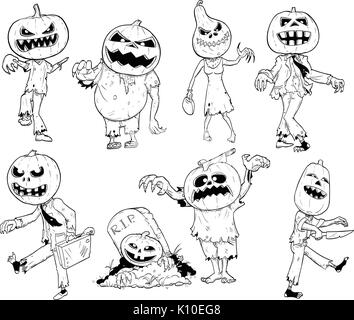 Jeu de cute dessin illustration de zombie halloween avec tête de citrouille. Illustration de Vecteur
