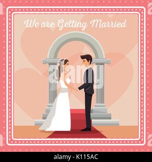 Carte gretting colorés avec couple marié et bride holding hands texte nous mariez Illustration de Vecteur