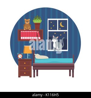 Fond blanc avec scène colorée circulaire chambre garçons dans la nuit Illustration de Vecteur