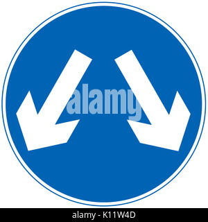 Véhicules peuvent passer soit d'un côté à l'atteindre même destination road sign on white background Banque D'Images