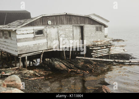 Chalet rustique en bois délabrées construites sur pilotis journal au-dessus de la mer, péninsule Great Northern, à Terre-Neuve, Canada Banque D'Images