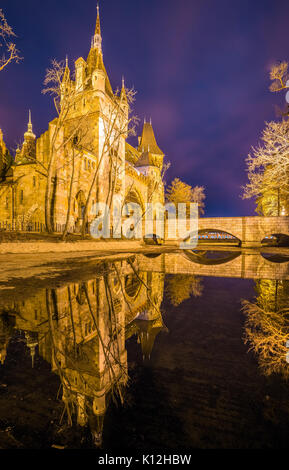 Budapest, Hongrie - Le superbe château Vajdahunyad avec reflet dans le parc de la ville de Budapest à l'heure bleue Banque D'Images