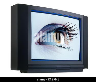 La télévision à l'ancienne avec iris vert yeux isolated on white with clipping path Banque D'Images