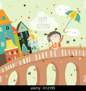 Fille avec un parapluie dans le mauvais temps vient dans la ville d'automne Illustration de Vecteur