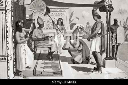 Ramsès II la réception d'un exemplaire de son traité avec les Hittites, le premier traité de paix dans l'histoire mondiale, connue sous le nom de traité de paix égypto-Hittite, l'Éternelle traité ou du Traité d'argent. Le traité a été signé en 1258 BC pour mettre fin à une longue guerre entre l'Empire hittite et les Égyptiens. Ramsès II, ch. 1303 - 1213 avant J.-C., alias Ramsès le Grand. Troisième pharaon de la xixe dynastie égyptienne. Après la peinture par Allan Stewart, (1865-1951). L'histoire de Hutchinson de l'ONU, publié en 1915. Banque D'Images