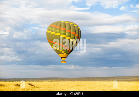 Tôt le matin, les visites touristiques et le visionnement de jeu safari vert coloré en ballon à air chaud sur la plaine de savane dans le Masai Mara, Kenya Banque D'Images