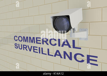 3D illustration de 'Commercial' titre sous surveillance caméra de sécurité qui est monté sur mur de brique Banque D'Images