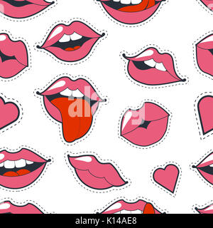 Seamless background original glamour. Maquillage rose vif marque kiss. Lèvres passionnées dans cartoon style des 80 s et 90 s isolé sur fond blanc Banque D'Images