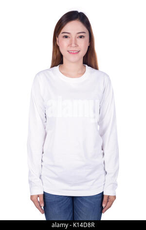 Happy woman in white long sleeve t-shirt isolé sur fond blanc Banque D'Images