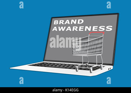 3D illustration de 'la conscience de marque' script avec un supermarché panier placé sur le clavier Banque D'Images