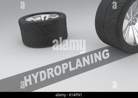 La sécurité de l'hydroplanage image 3D reconstruite roues avec pneus et signer plus de trace sombre montrant les distances de freinage sur fond gris Banque D'Images