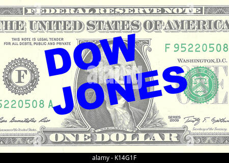 Rendre l'illustration de 'DOW JONES' titre sur un dollar en arrière-plan Banque D'Images