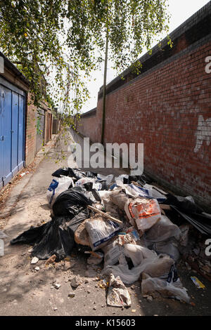 24 août 2017 - Déchets et ordures ménagères fly tipped abandonnées dans une ruelle contre Cardiff Banque D'Images