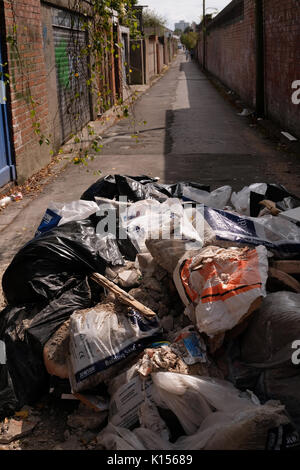 24 août 2017 - Déchets et ordures ménagères fly tipped abandonnées dans une ruelle contre Cardiff Banque D'Images