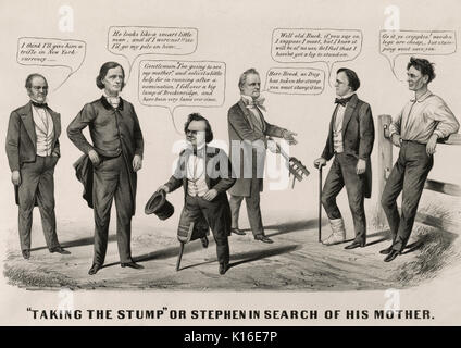 "En tenant le moignon' ou Stephen à la recherche de sa mère . Une satire sur Douglas's Juillet 1860 campagne du nord de New York et de la Nouvelle-Angleterre. Ici un double-sens dans l'utilisation du mot 'stump', jouant sur son utilisation comme colloquialism pour les deux campagnes et une jambe de bois. Au centre Douglas, portant une jambe de bois, parle avec John Bell, de New York, candidat à la présidence de l'Union Constitutionnelle (extrême gauche), et influent gouverneur Virginie démocrate Henry A. Wise. Revendications Douglas, "Messieurs p(s vais voir ma mère, et solliciter un peu d'aide, à l'exécuter après une candidature, je suis tombé sur une Banque D'Images