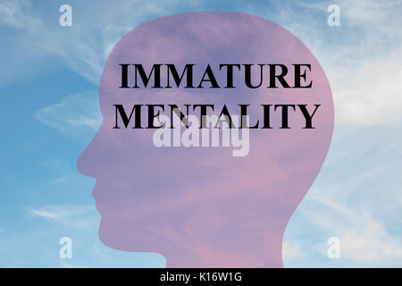 Rendre l'illustration de la "mentalité IMMATURE' title on head silhouette, avec ciel nuageux comme arrière-plan. Banque D'Images