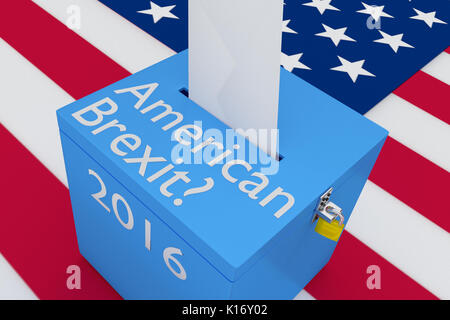 3D illustration de 'American Brexit ?', '2016' et sur l'urne, avec un drapeau américain en arrière-plan. Banque D'Images