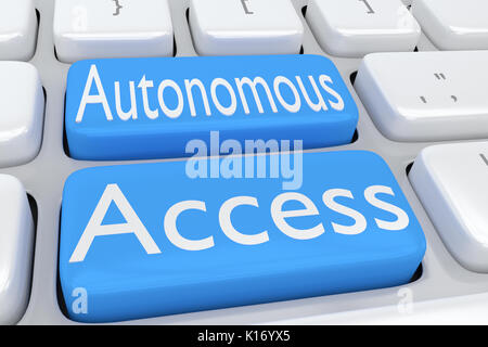 3D illustration de clavier de l'ordinateur avec le script 'accès autonome' sur deux boutons bleu pâle Banque D'Images