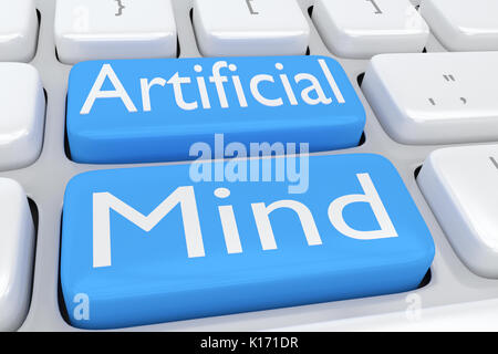 3D illustration de clavier de l'ordinateur avec le script 'Artificial Mind' sur deux boutons bleu pâle Banque D'Images